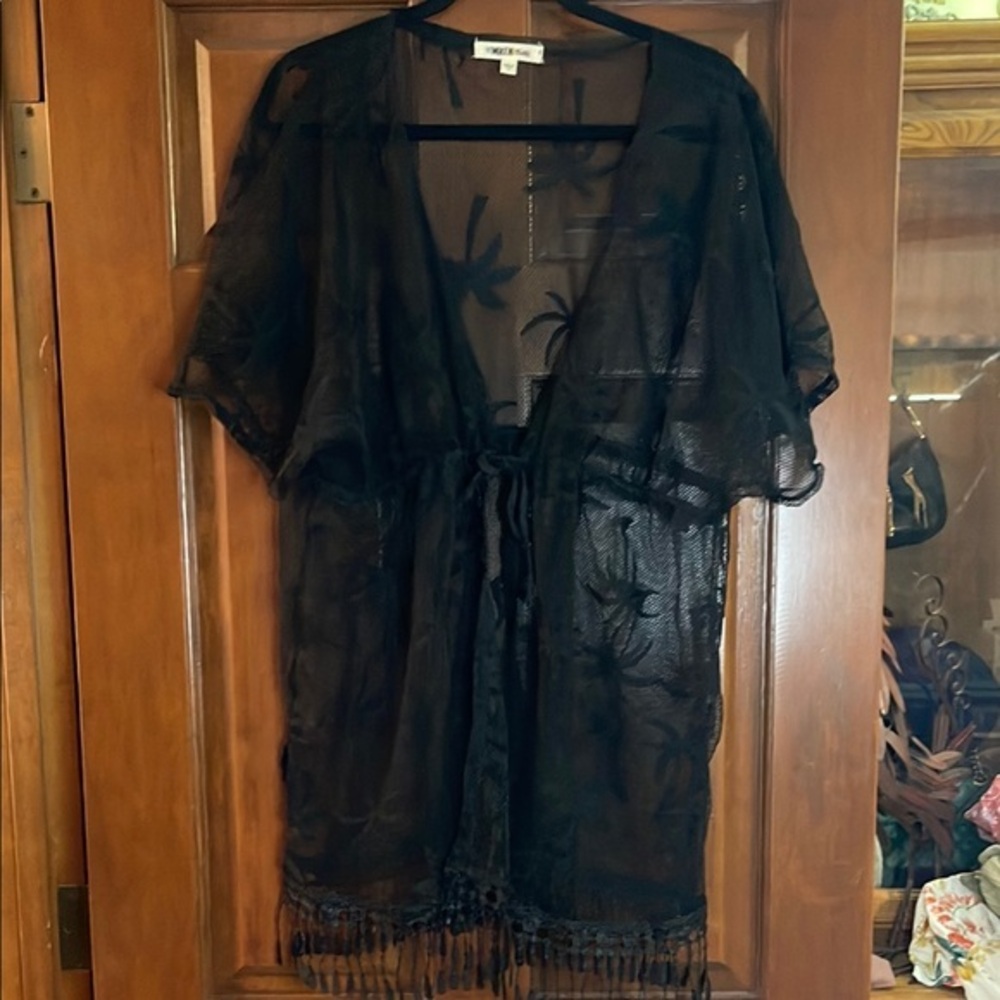 MIKEN PALM PRINT Black Sheer Kimono with Fringe LARGE